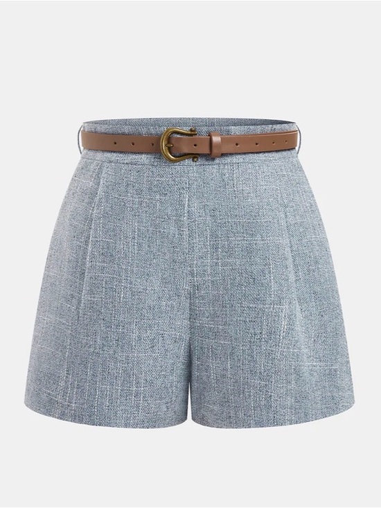 Commense Pants - Mid-Waist Textured Blue Women's Shorts with Brown Belt